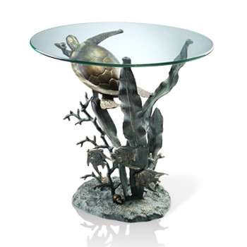 Coastal Sea Turtle End Table With Glass Top