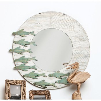 School of Fish Wooden Framed Round Mirror
