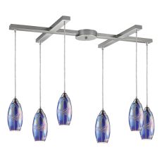 Iridescence 6 Light Pendant In Satin Nickel And Storm Blue Glass
