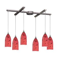 Verona 6 Light Pendant In Satin Nickel And Fire Red Glass