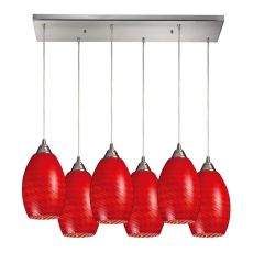 Mulinello 6 Light Pendant In Satin Nickel And Scarlet Red Glass