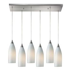 Cilindro 6 Light Pendant In Satin Nickel And White Swirl Glass