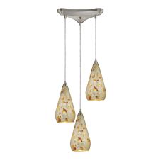 Curvalo 3 Light Pendant In Satin Nickel And Silver Multi Crackle Glass