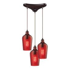 Hammered Glass 3 Light Pendant In Oil Rubbed Bronze And Red Glass