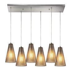 Ribbed Glass 6 Light Pendant In Satin Nickel And Mercury Glass