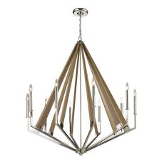 Madera 10 Light Chandelier In Polished Nickel And Natural Wood