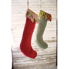 Velvet Stockings W Kantha Fringe - Red And Green, Set of 2