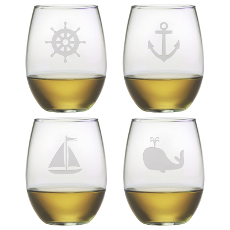 Nautical Icons Etched Stemless Wine Glass Mixed Set Of 4