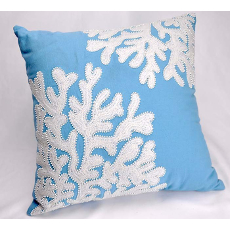 Cottage Blue Linen Beaded Coral Pillow