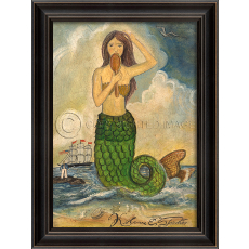 Mermaid Looking in Mirror Green Tail Framed Art
