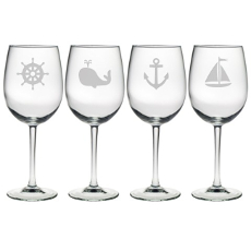 Nautical Icons Etched Wine Glass Mixed Set Of 4
