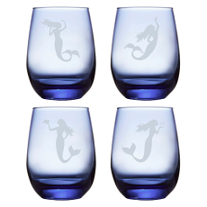 Tidal Blue Mermaid Etched Stemless Wine Glasses (Set Of 4) 