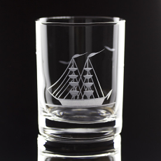 Clipper Ship Etched Whiskey DOR Glass Set of 4