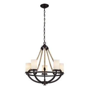 Natural Rope 5 Light Chandelier In Aged Bronze And White Glass