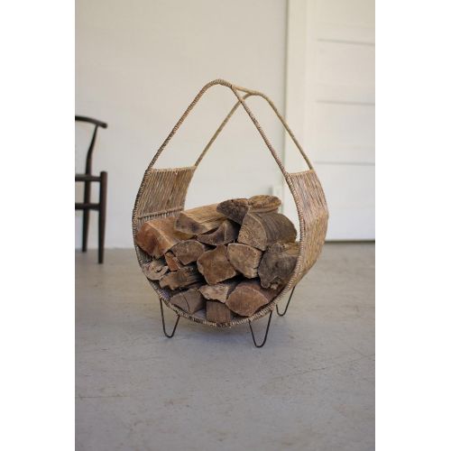 Woven Rush And Metal Firewood Rack With Tall Handle