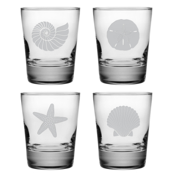Seashore Etched DOF Glass Mixed Set Of 4