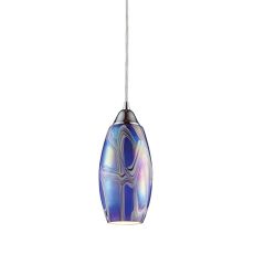 Iridescence 1 Light Led Pendant In Satin Nickel And Storm Blue Glass
