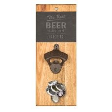 Open Beer Slate & Acacia Wall Mount Bottle Opener With Magnetic Cap Catcher