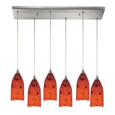 Verona 6 Light Pendant In Satin Nickel And Fire Red Glass