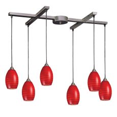 Mulinello 6 Light Pendant In Satin Nickel And Scarlet Red Glass