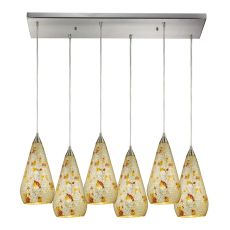 Curvalo 6 Light Pendant In Satin Nickel And Silver Mutli Crackle Glass
