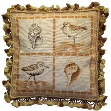 Brown Birds And Shells Needlepoint Pillow