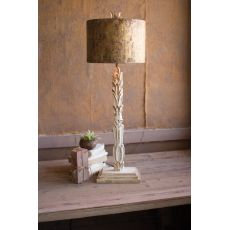 Table Lamp - Carved Wooden Base With Rustic Metal Shade