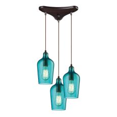 Hammered Glass 3 Light Pendant In Oil Rubbed Bronze And Aqua Glass