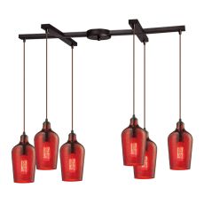 Hammered Glass 6 Light Pendant In Oil Rubbed Bronze And Red Glass