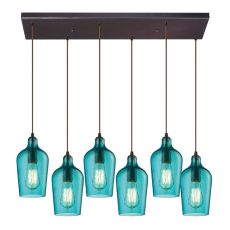 Hammered Glass 6 Light Pendant In Oil Rubbed Bronze And Aqua Glass