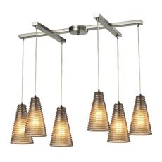 Ribbed Glass 6 Light Pendant In Satin Nickel And Mercury Glass