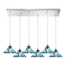 Refraction 6 Light Pendant In Polished Chrome And Caribbean Glass