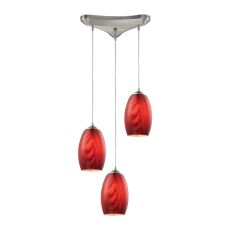 Tidewaters 3 Light Pendant In Satin Nickel And Ruby Glass
