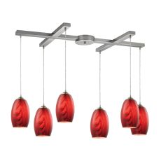 Tidewaters 6 Light Pendant In Satin Nickel And Ruby Glass