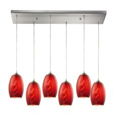 Tidewaters 6 Light Pendant In Satin Nickel And Ruby Glass