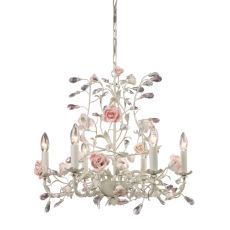 Heritage 6 Light Chandelier In Cream With Pink Porcelain Accents