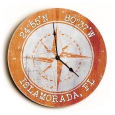 Custom Coordinates Compass Rose Clock - Round Orange
