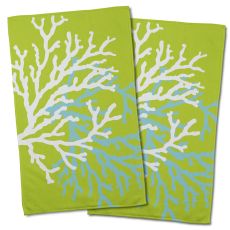 Coral Duo On Lime Hand Towel (Set Of 2)