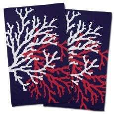 Coral Duo On Navy Hand Towel (Set Of 2)