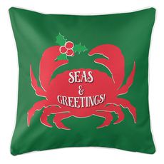 Seas & Greetings Crab Christmas Coastal Pillow - Red on Green