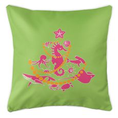 Sea Life Christmas Tree Coastal Pillow - Pink on Lime