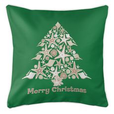 Seashell Christmas Tree Coastal Pillow - Green