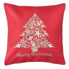 Seashell Christmas Tree Coastal Pillow - Red