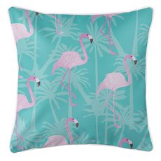 Pink Flamingos on Aqua Coastal Pillow