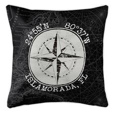 Custom Coordinates Vintage Compass Rose Coastal Pillow - Black