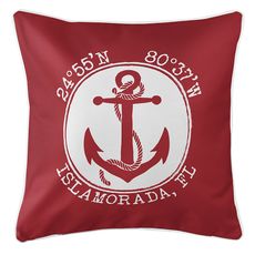 Personalized Coordinates Anchor Coastal Pillow - Red