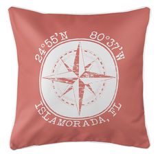 Personalized Coordinates Compass Rose Coastal Pillow - Coral