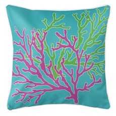 Coral Duo Pink & Green on Blue Coastal Pillow