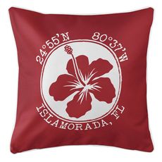 Personalized Coordinates Hibiscus Coastal Pillow - Red