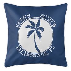 Personalized Coordinates Island Palm Coastal Pillow - Navy